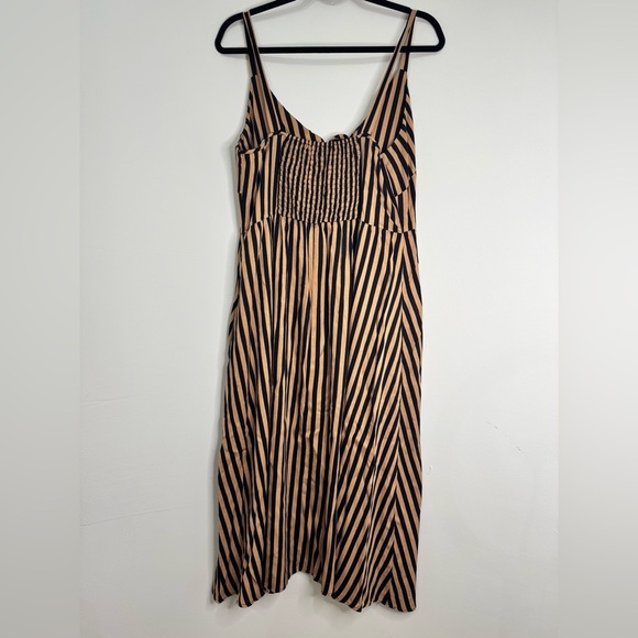 Women’s Cleo Tie Front Caramel and Black Striped Midi Fall Peak-a-boo Dress - Picture 3 of 7